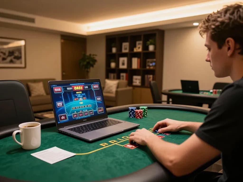 Engaged player enjoying poker online at ONE88, with detailed interface visible on the screen.
