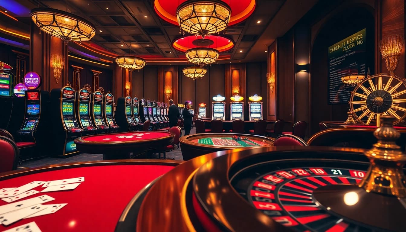 Experience an exhilarating RR88 gaming environment with casino tables, lights, and vibrant poker chips.