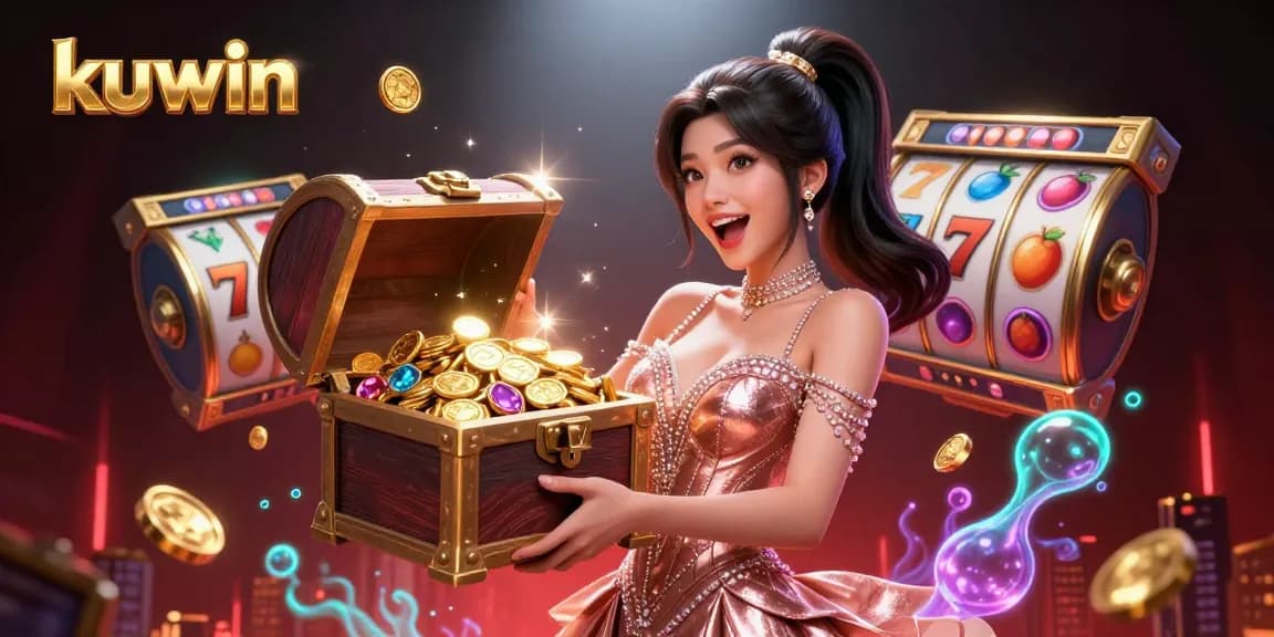 Kuwin presents an exciting online casino experience with vibrant slot reels and treasures.