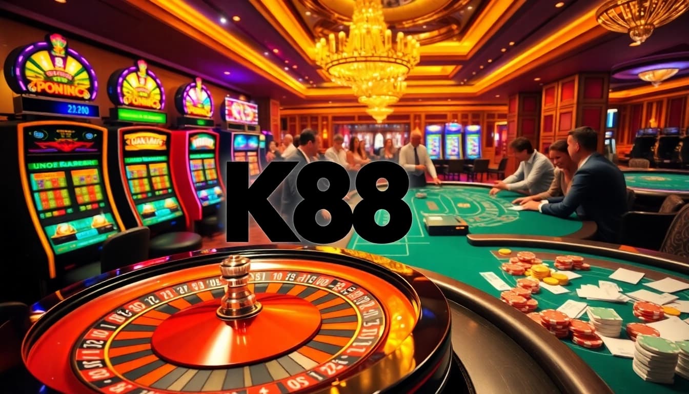 K88 casino players thrilled at the roulette table with vibrant slot machines in the background.
