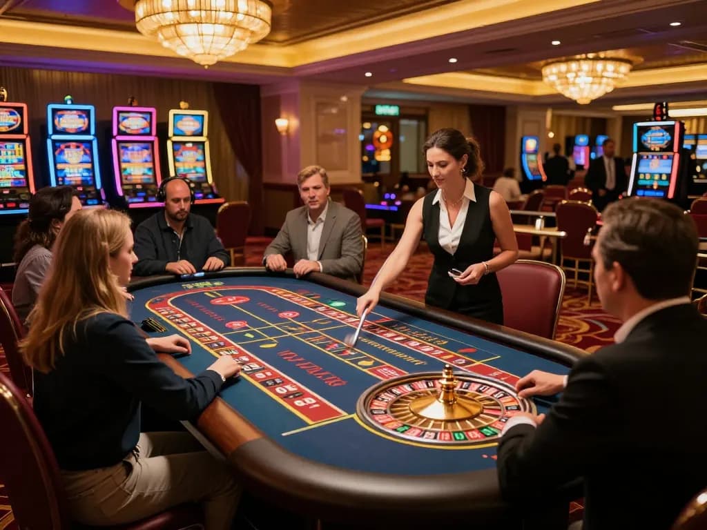 O8 COM players betting on an exciting roulette table in a luxurious casino atmosphere.