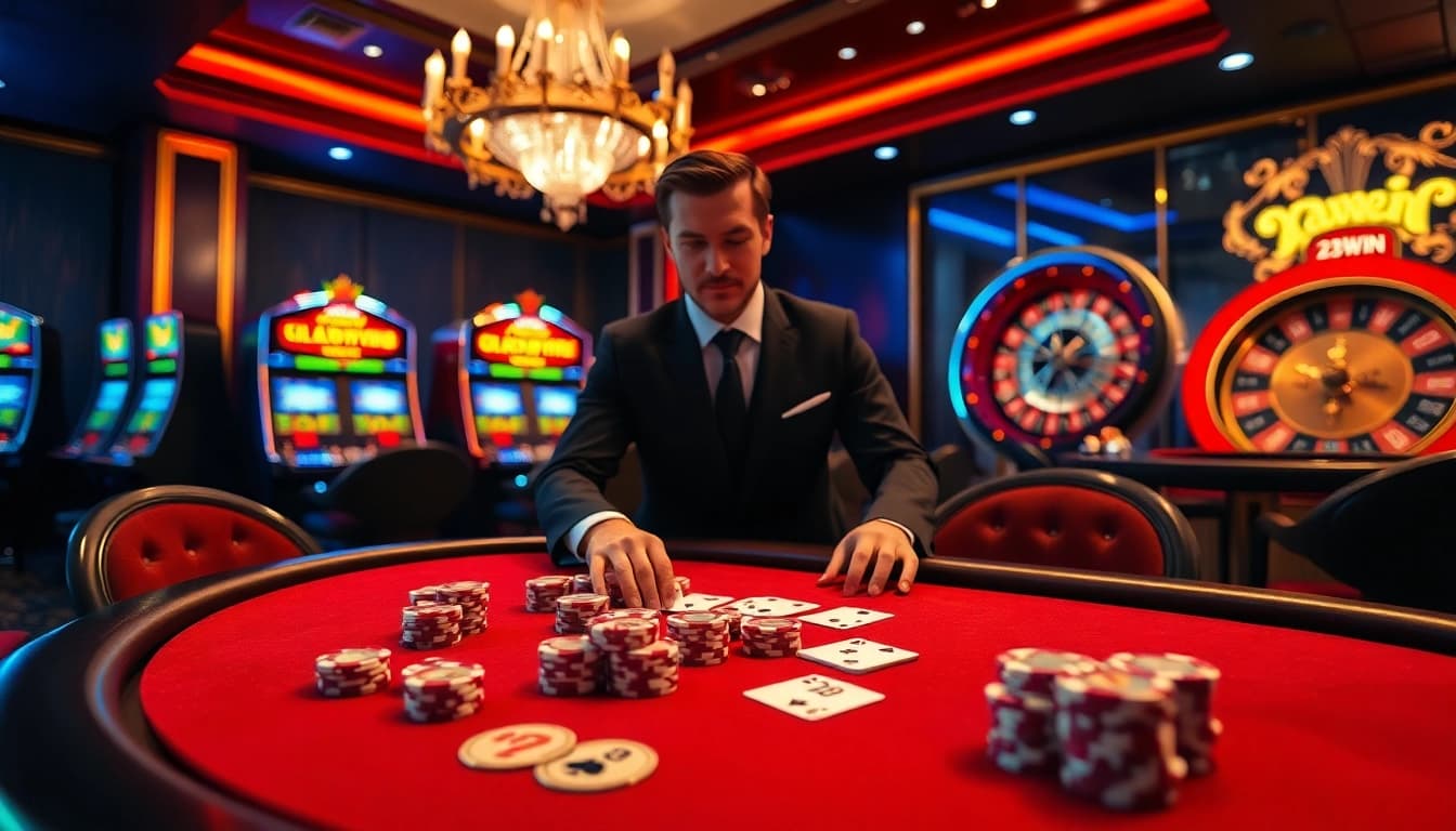 Exciting gameplay at 23win casino with vibrant table and poker chips.