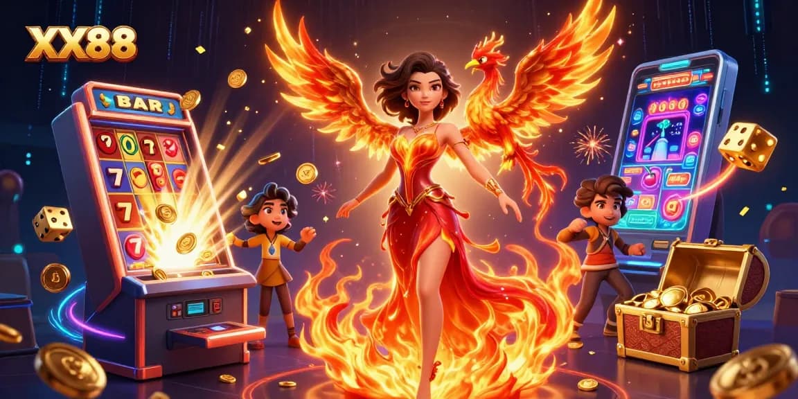 Win with thrilling slot games at XX88 featuring dynamic characters and vibrant casino elements.