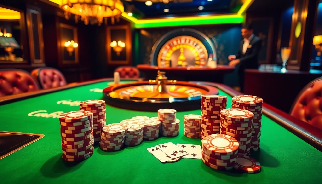 Experience the excitement of 99win with a vibrant casino scene featuring poker tables and roulette wheels.