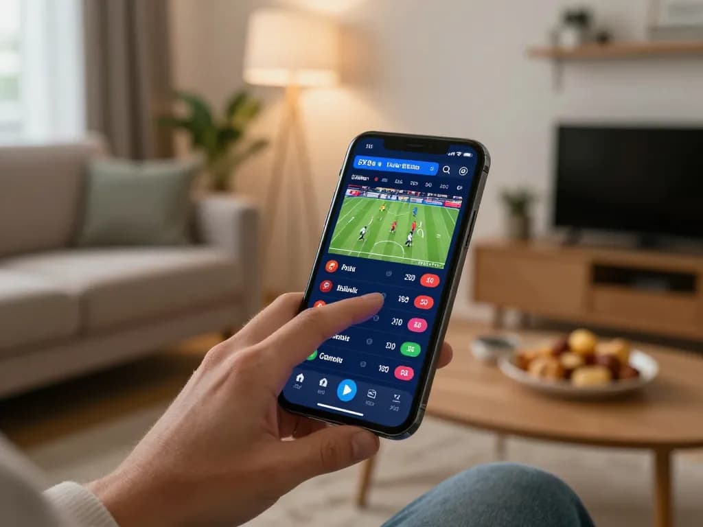 An engaged bettor using the 8xbet mobile app to place live sports bets from a cozy home setting.