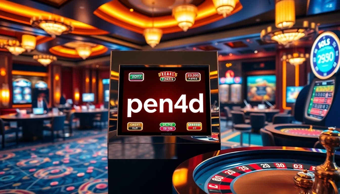 Players engaging with casino games at pen4d, showcasing slot machines and vibrant poker chips.