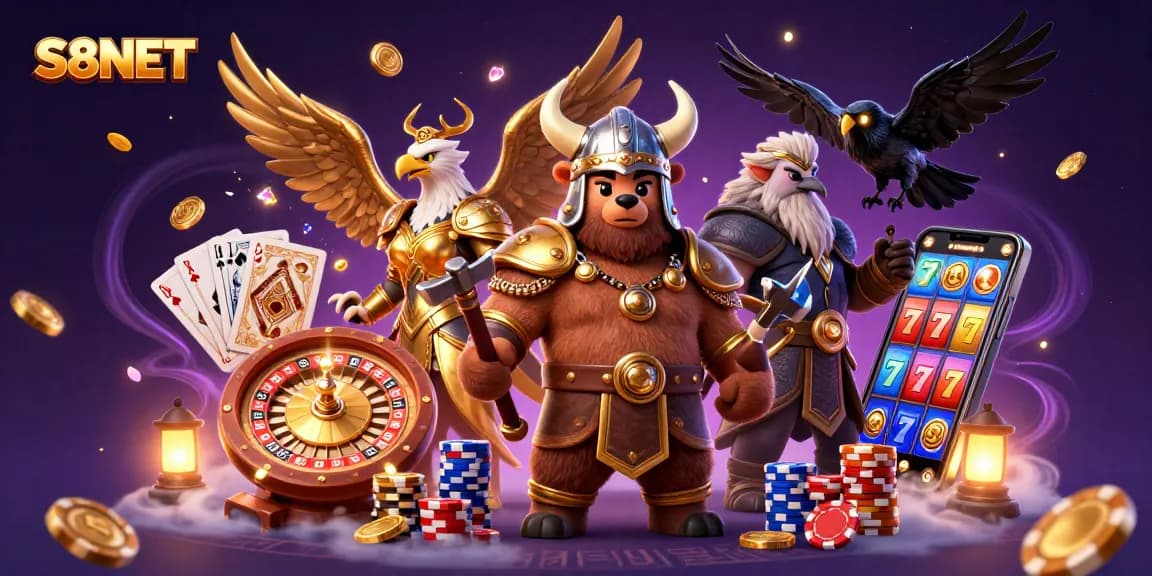 S8NET attracts players with a 3D Viking bear amidst golden coins and an eagle in a dynamic casino scene.