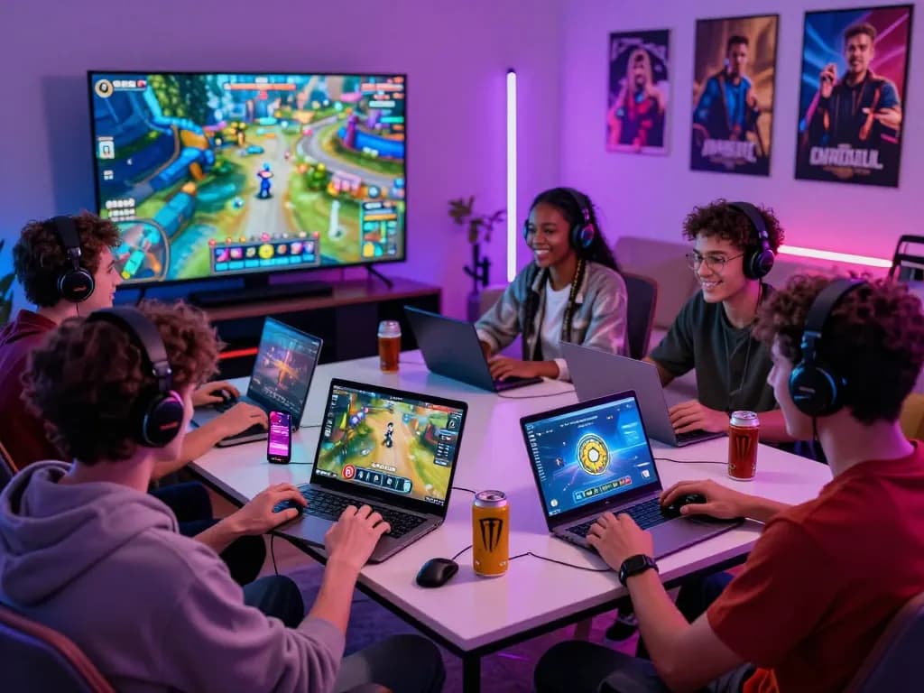 Diverse friends enjoy a thrilling Barcaslot gaming session, showcasing devices and excitement in a modern gaming room.