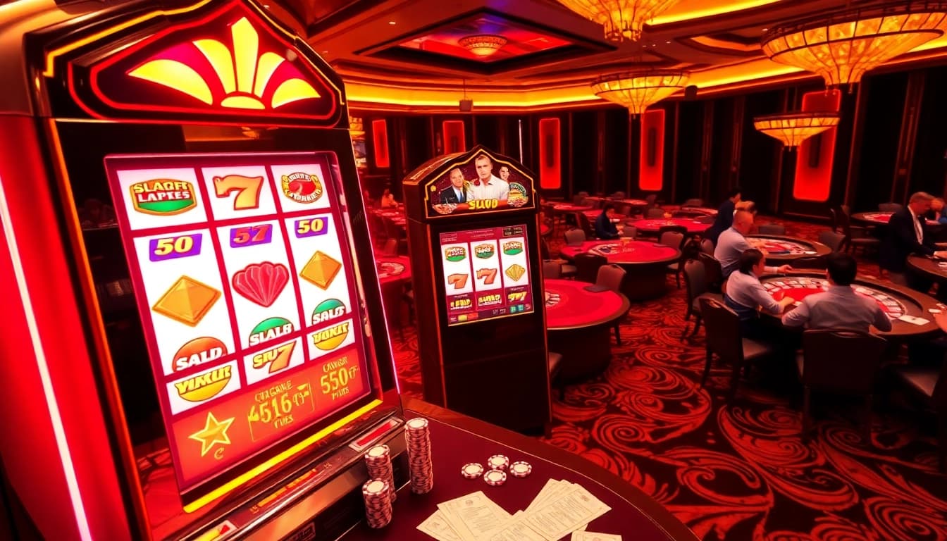 Experience slot demo excitement with vibrant casino visuals showcasing players and gaming tables.