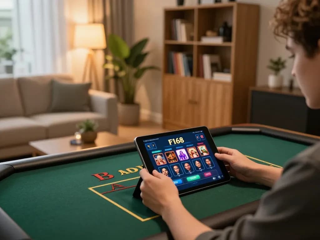 Person enjoying online gaming with the F168 app on a tablet in a cozy living room