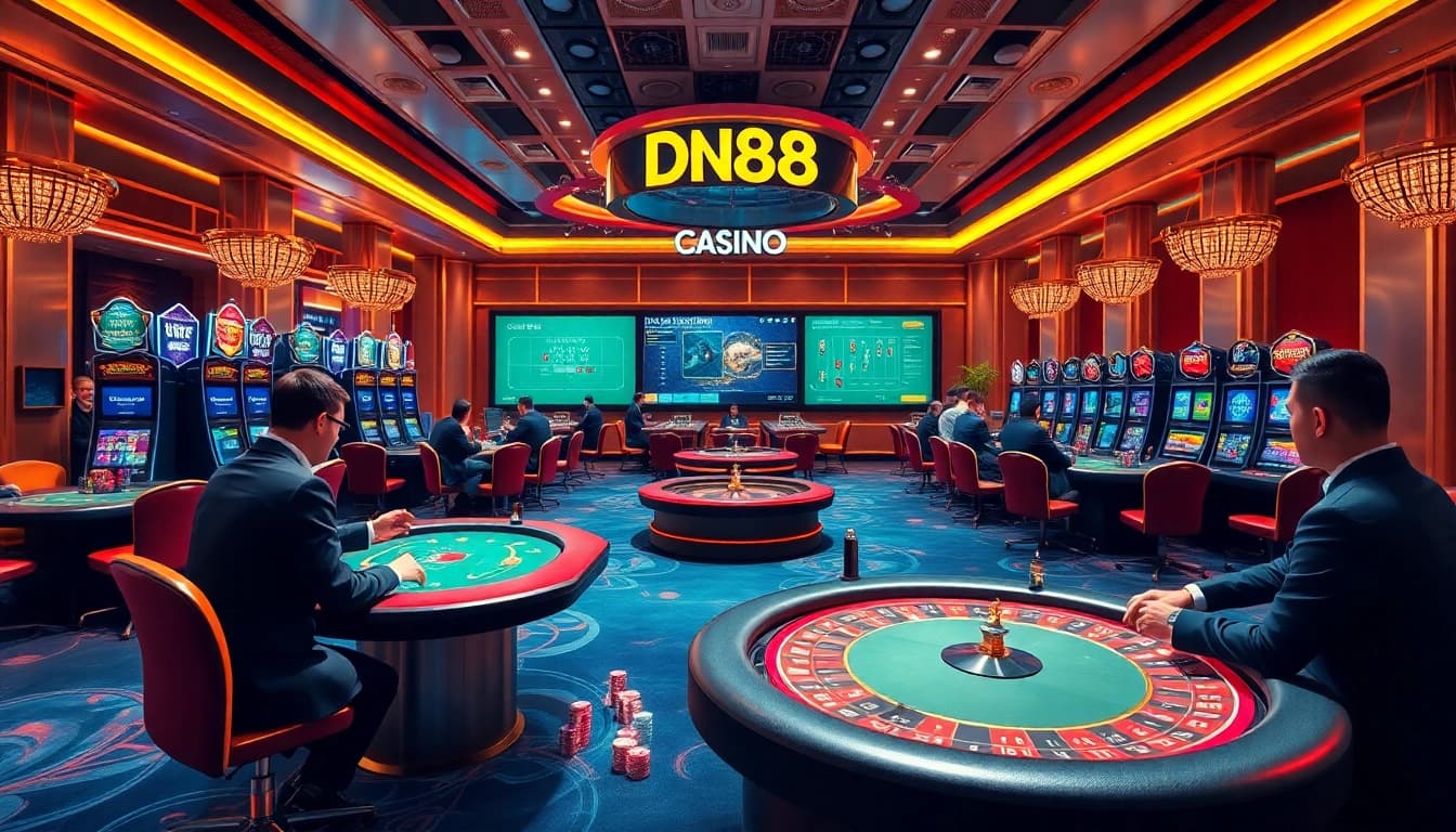 Engage with dn88's exciting online gambling experience featuring casino tables, poker chips, and vibrant slot machines.