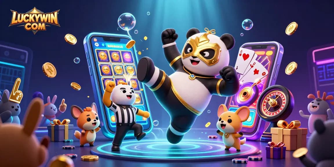 Experience the vibrant world of LUCKYWIN COM with a 3D panda wrestler surrounded by animated casino elements.
