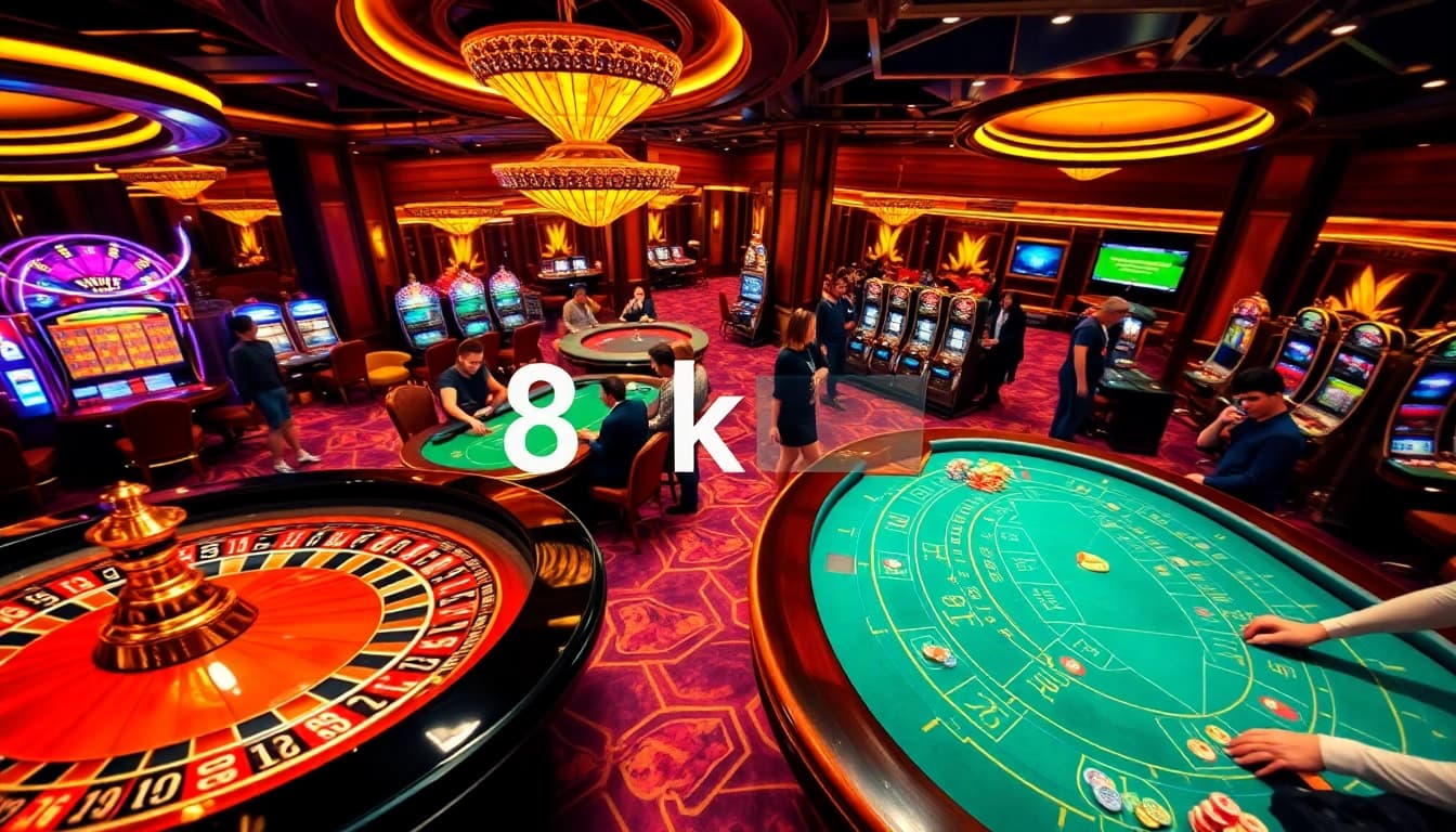 Excited players engaging with games at 8kbet's luxurious casino atmosphere.