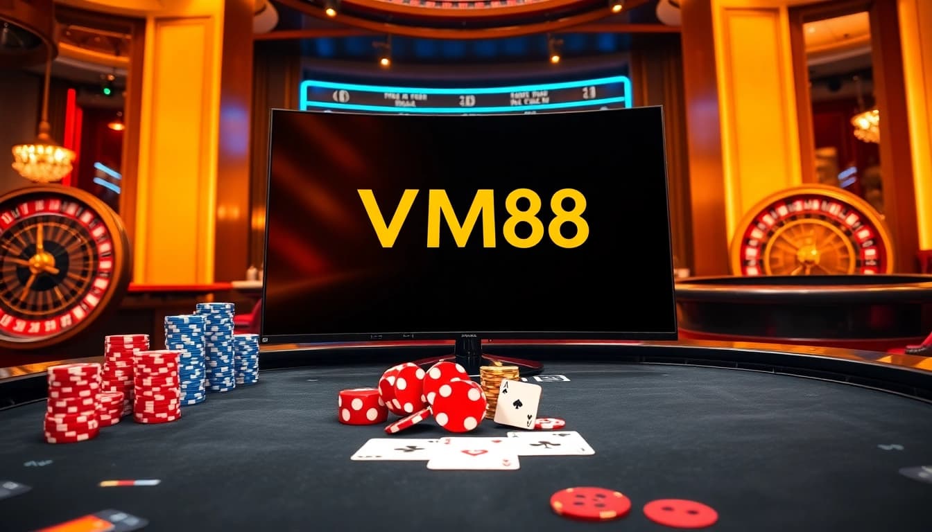 Engaging VM88 online casino interface featuring betting chips, cards, and dynamic dice rolls