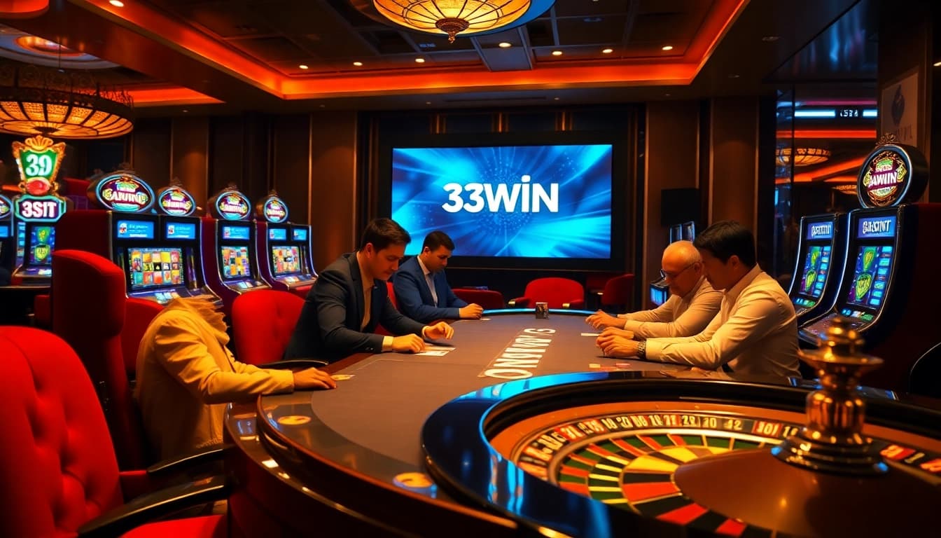 Experience the thrill of 33win gaming at a luxe poker table with vibrant slot machines.