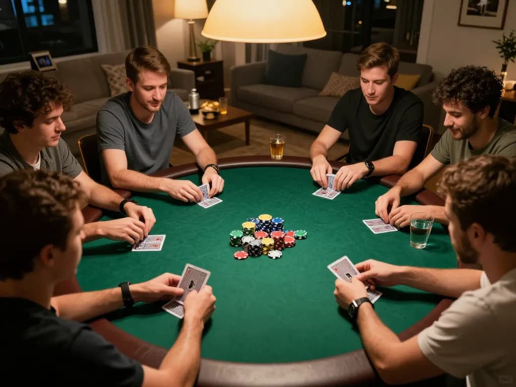 Players strategizing in a home poker game featuring 9bet-themed chips and cards on a green felt table