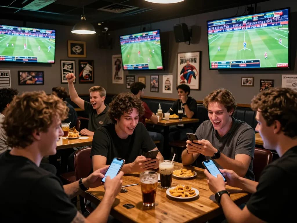 KJC patrons enjoying live sports betting excitement while actively engaged on their smartphones.