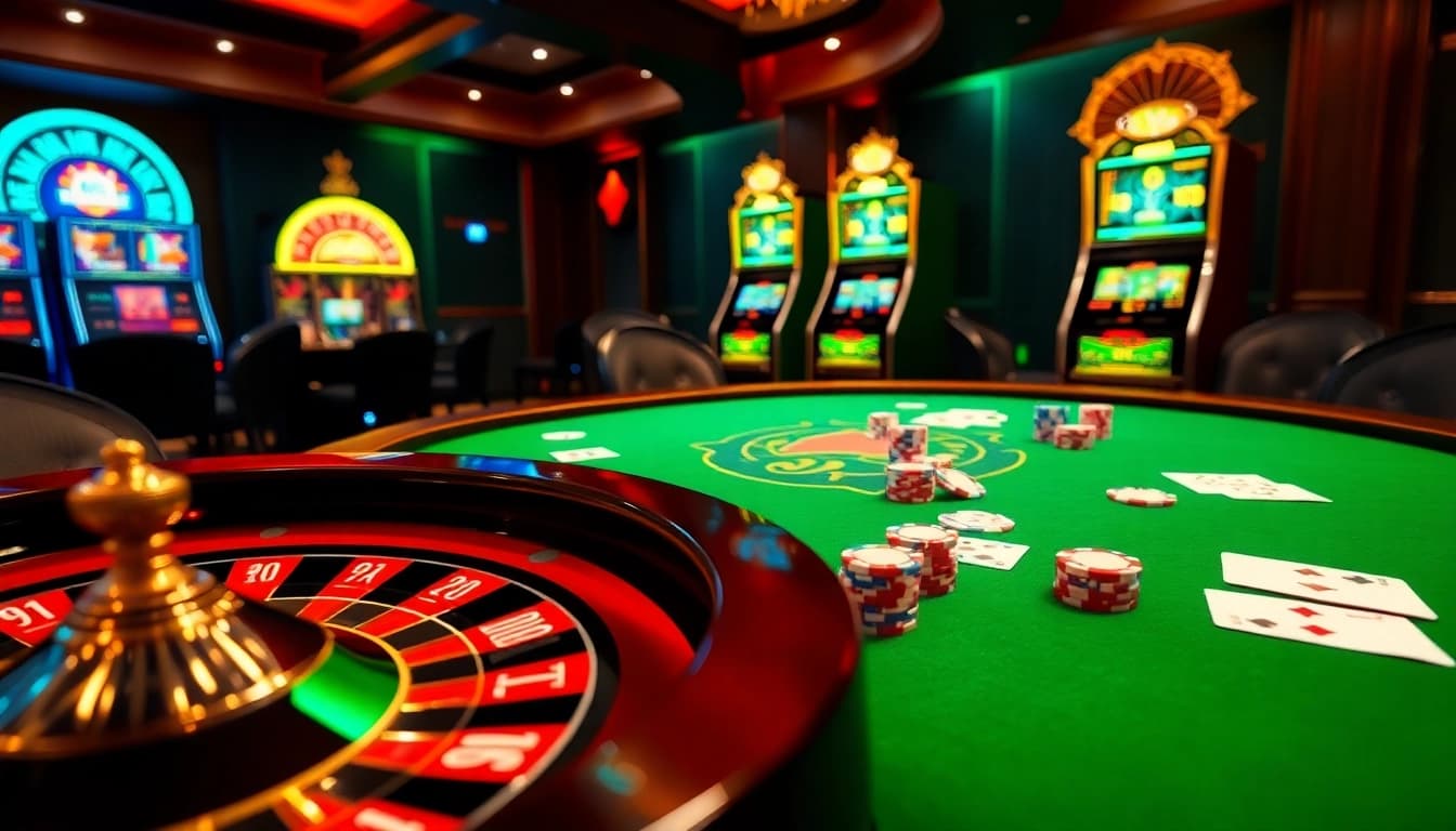 Players enjoying intense poker action at 28bet.com, surrounded by vibrant casino elements.
