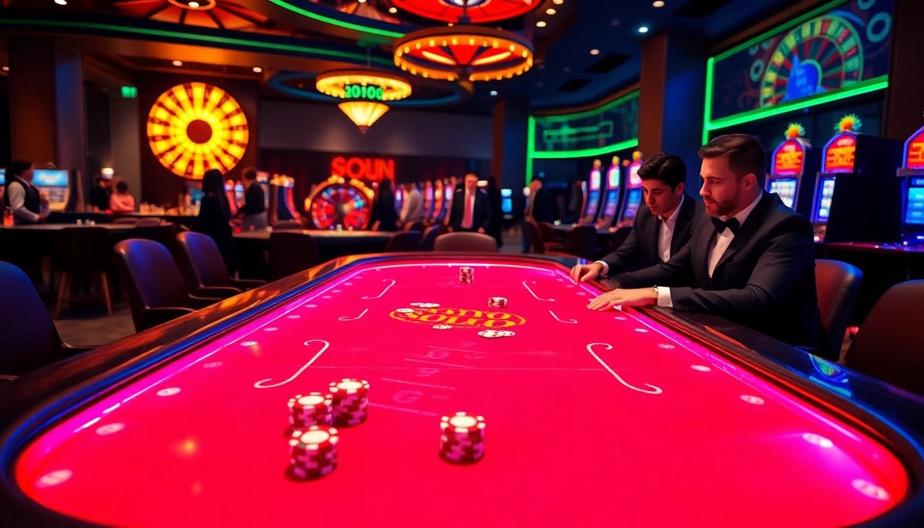 Players enjoying a high-stakes game at SODO66 casino table, showcasing luxury and excitement.