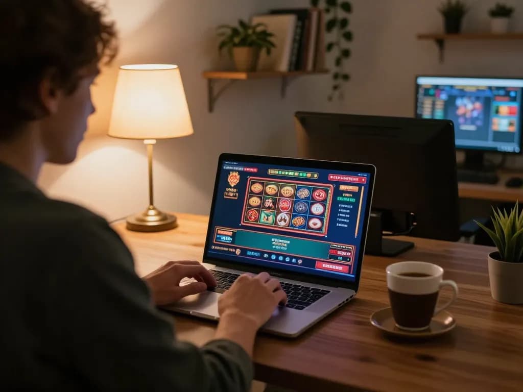 Engaging in online gaming with vvvwin on laptop at home for a safe gambling experience.