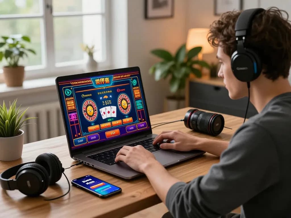 Engaged user enjoying 3win online casino games in a vibrant home office atmosphere, showcasing modern gaming accessories and lively screen graphics.