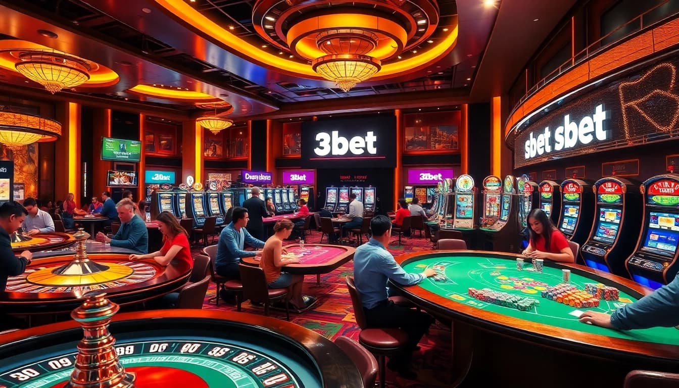 Engaging players enjoying the excitement of 3Dbet on a lively casino floor with roulette and slot machines.