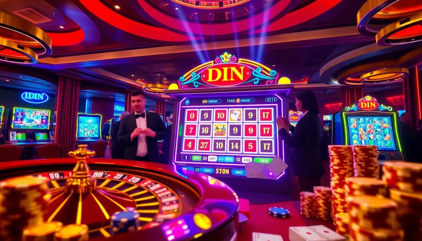 Experience the thrill of idnslot in a luxurious casino setting with vibrant slot machines and eager players.