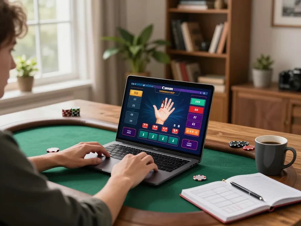 Engaging in poker game on SC88, showing laptop interface with cards, cozy home setup.
