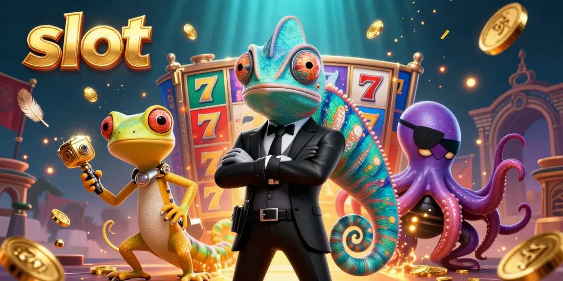 Experience thrilling slot action with this vibrant scene featuring a chameleon, gecko, and octopus amid swirling gold coins.