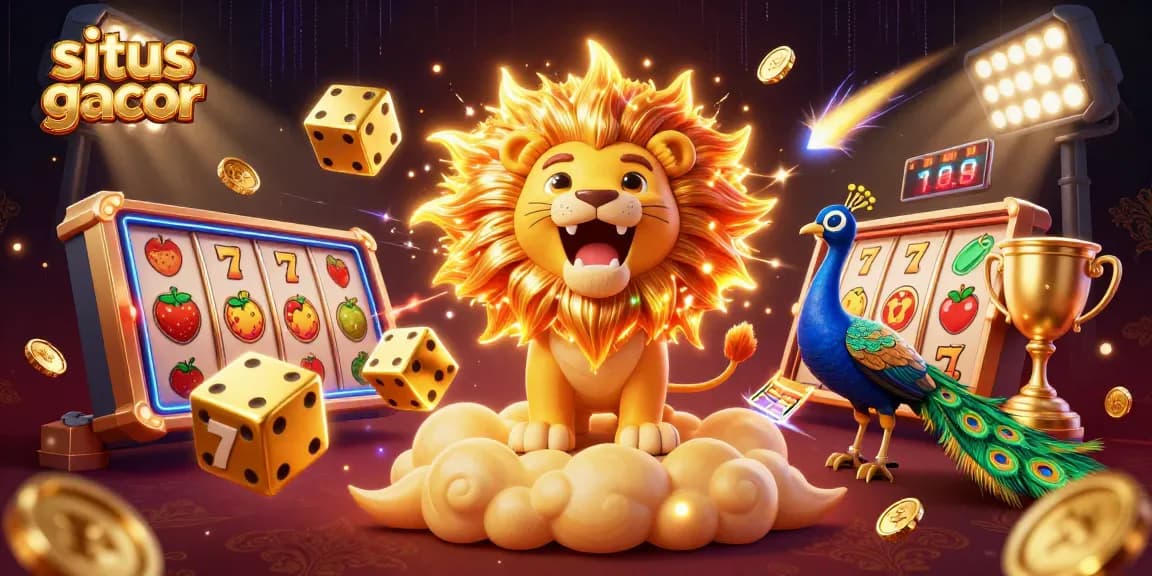 Situs gacor showcases a vibrant 3D illustration of a lion, dice, and slot reels, celebrating big wins.