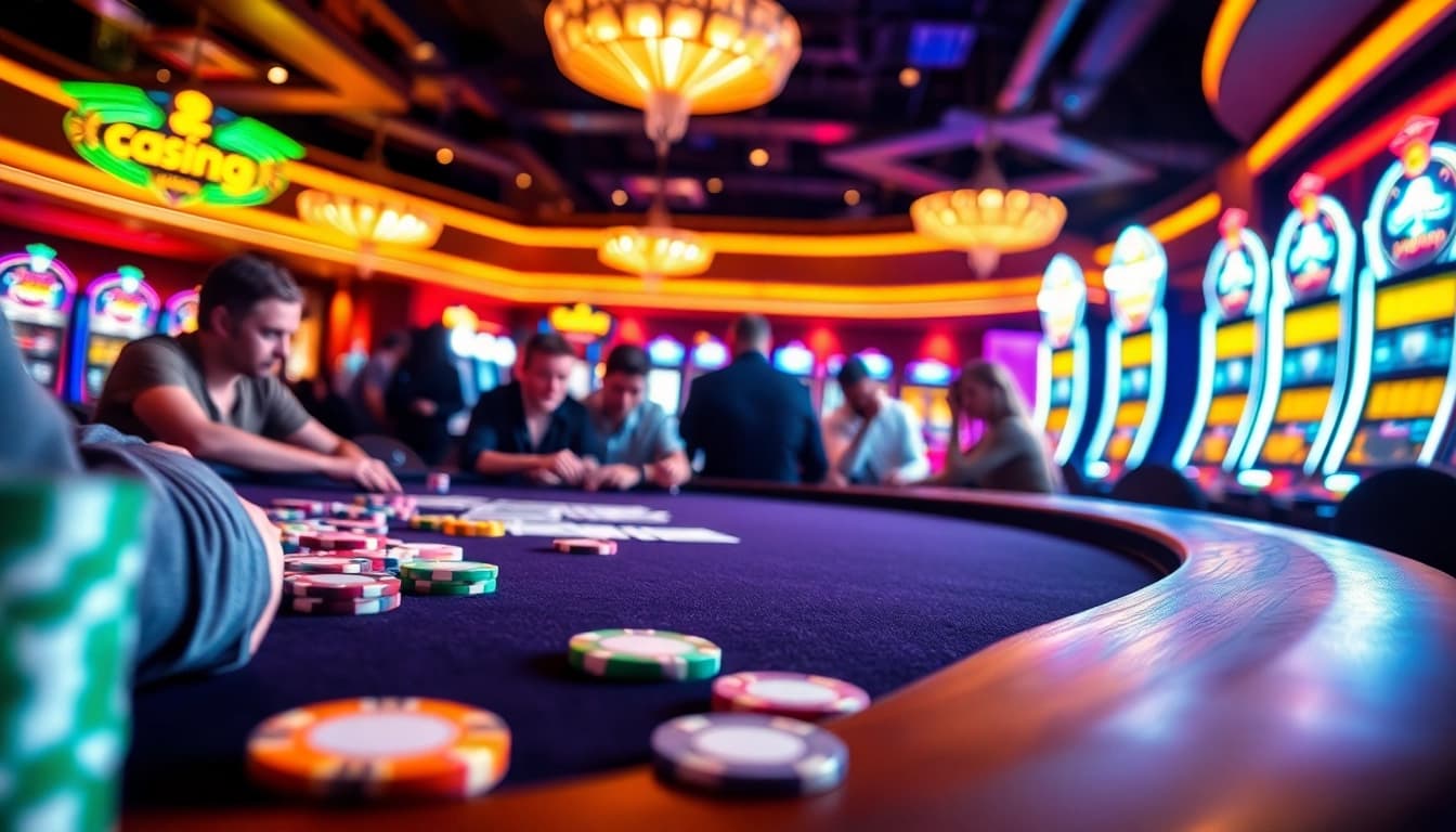 A thrilling casino scene featuring agen bola sbobet with vibrant poker action and colorful chips.