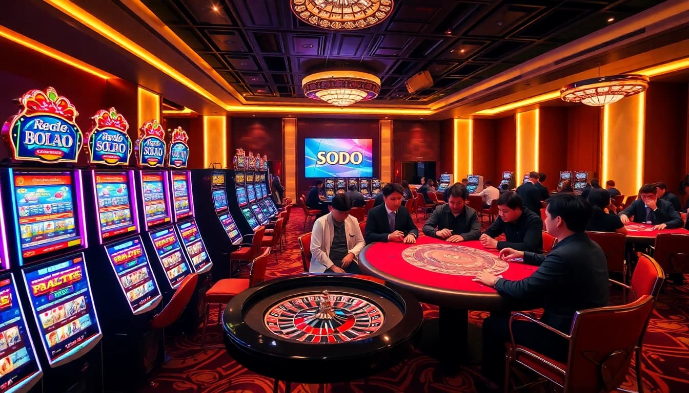 SODO casino players enjoying an exciting game night at luxury tables with vibrant slot machines.