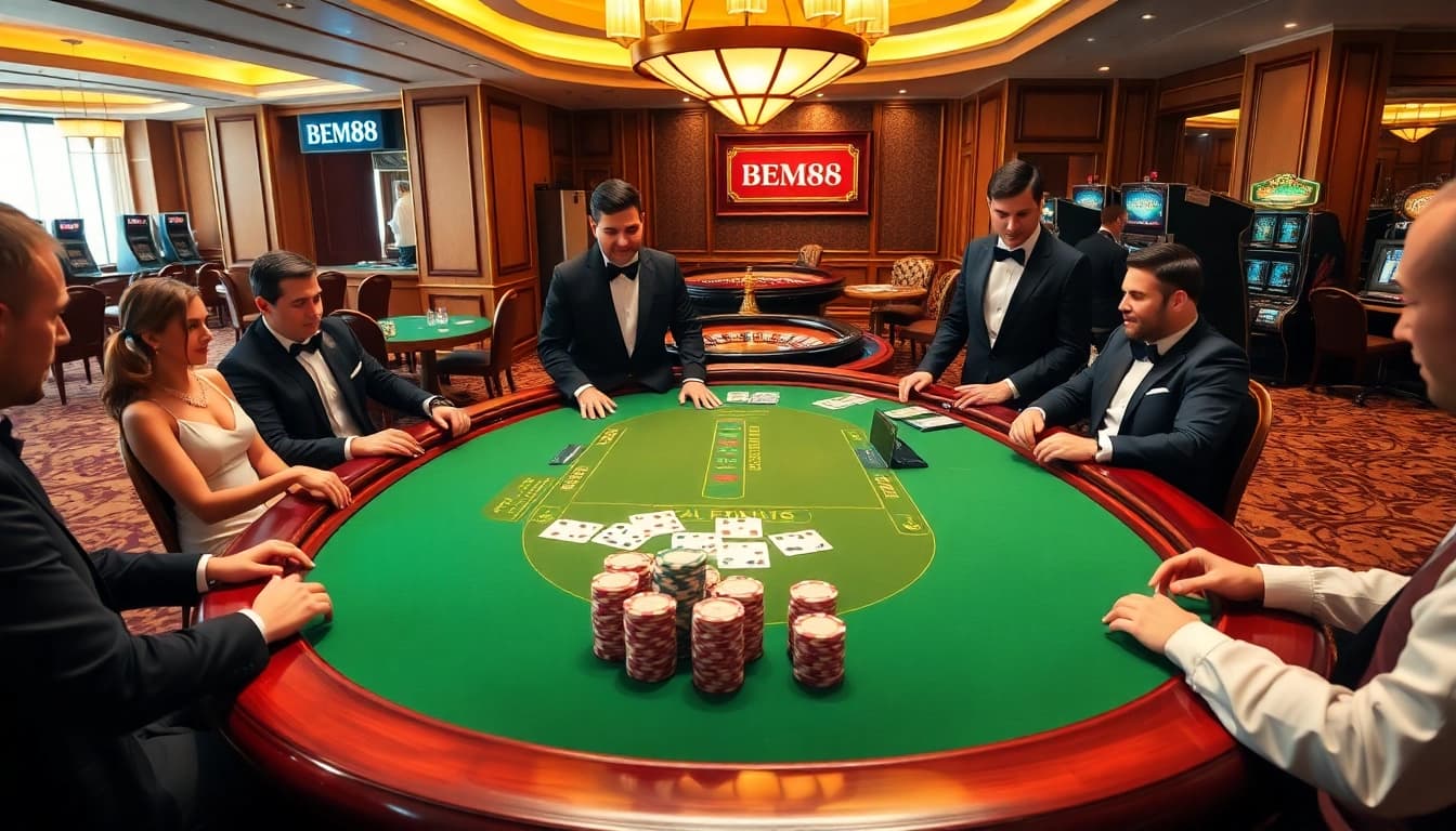 BEM88 casino scene showcasing poker gameplay with chips and cards in an elegant setting.