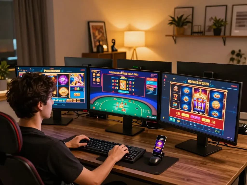 Engaging online player enjoying multiple games at 789win in a cozy home office.