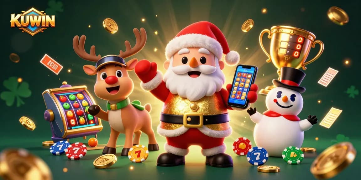KUWIN elevates gaming excitement with Santa, reindeer, and snowman amidst vibrant casino elements.