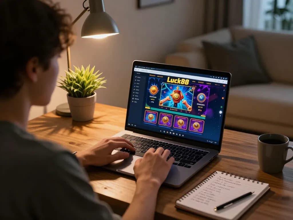 Engaging in strategy with Luck88's online casino interface displayed on laptop, cozy home atmosphere.