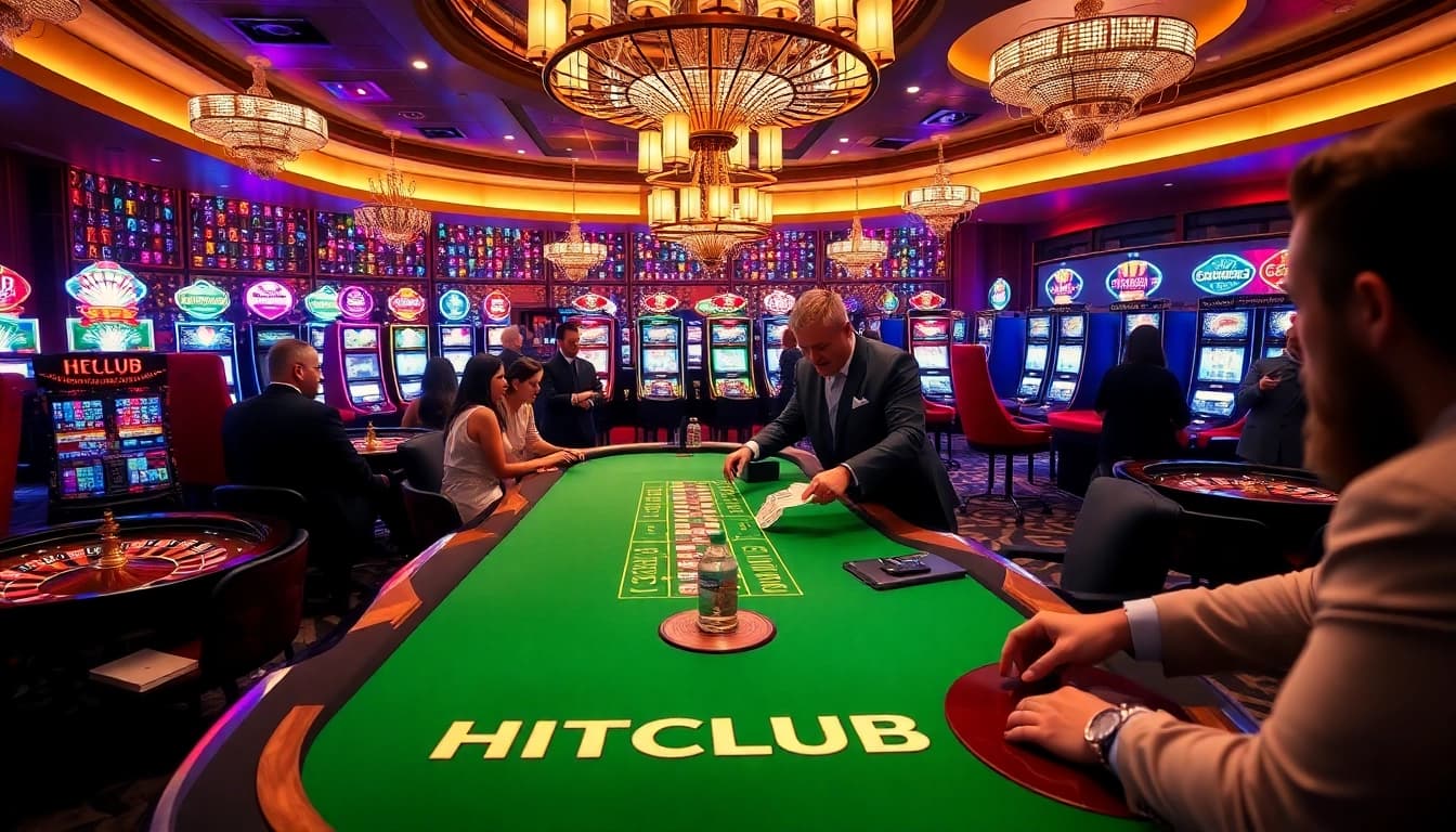 Exciting HITCLUB gaming table action with elegant players at a vibrant casino.