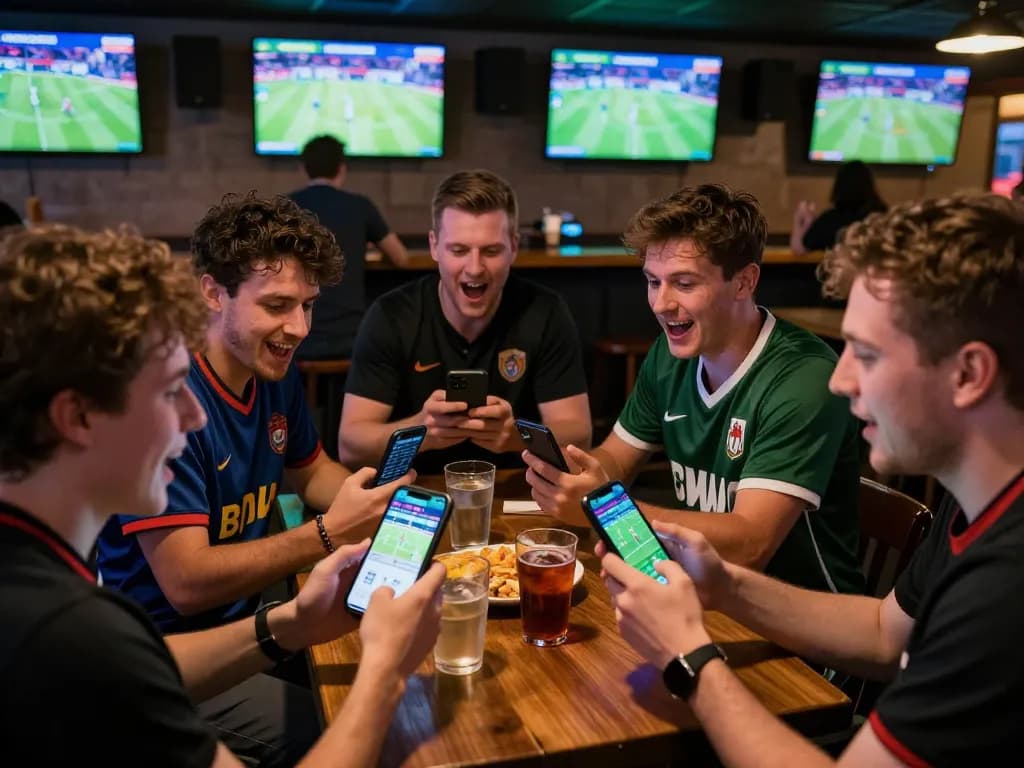 Engaged bettors using Bsport app in a lively sports bar, analyzing live betting odds with excitement