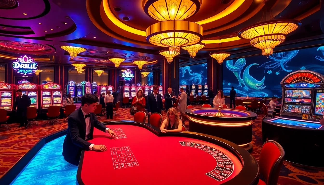 A high-end casino scene featuring a lively poker table where players engage, with nohu-themed slot machines in the background.