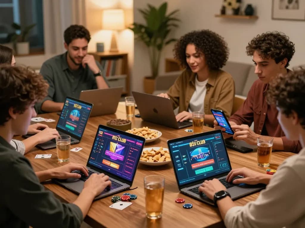 B52 CLUB online poker gaming setup with friends enjoying a lively home atmosphere.