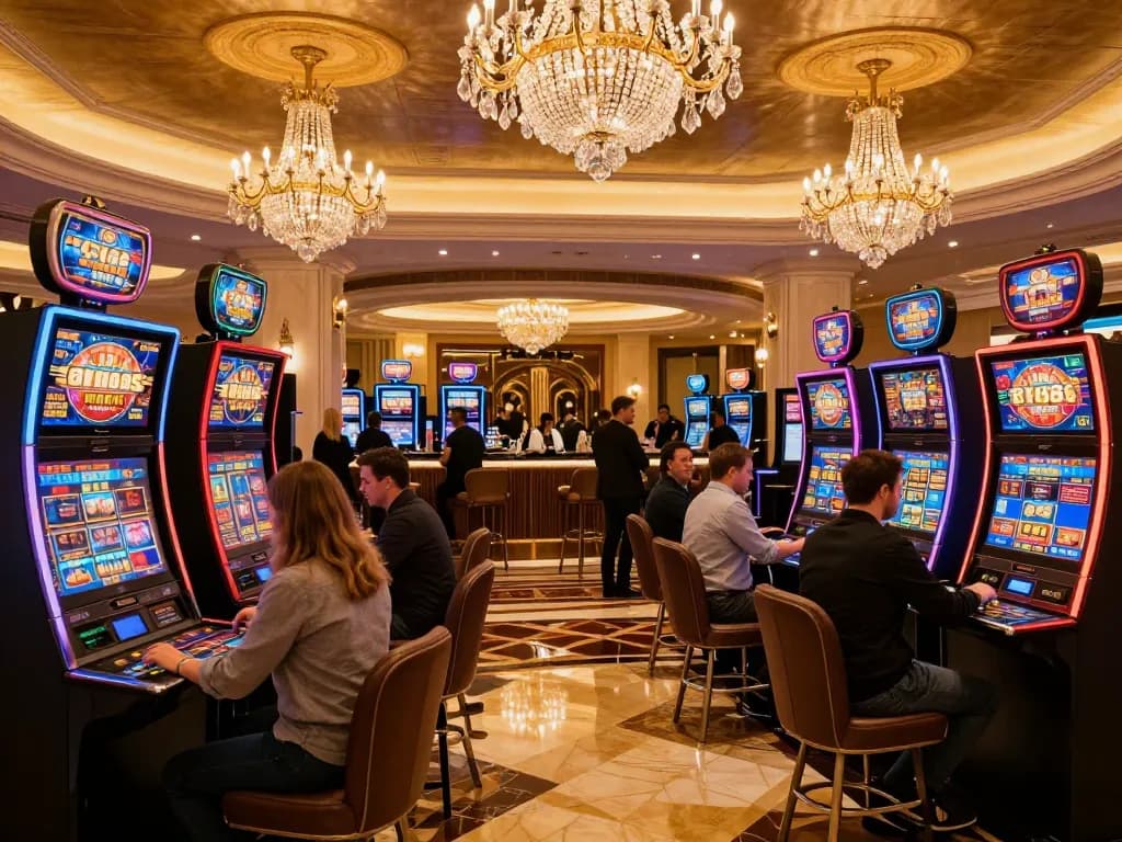 C168 Official showcases vibrant casino scene with guests engaging at slot machines, accentuating luxury gaming experience.
