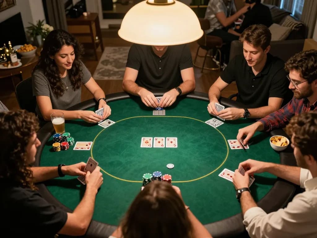 Players engage in an exciting 99Win poker game night, showcasing chips and cards in a cozy home setting.