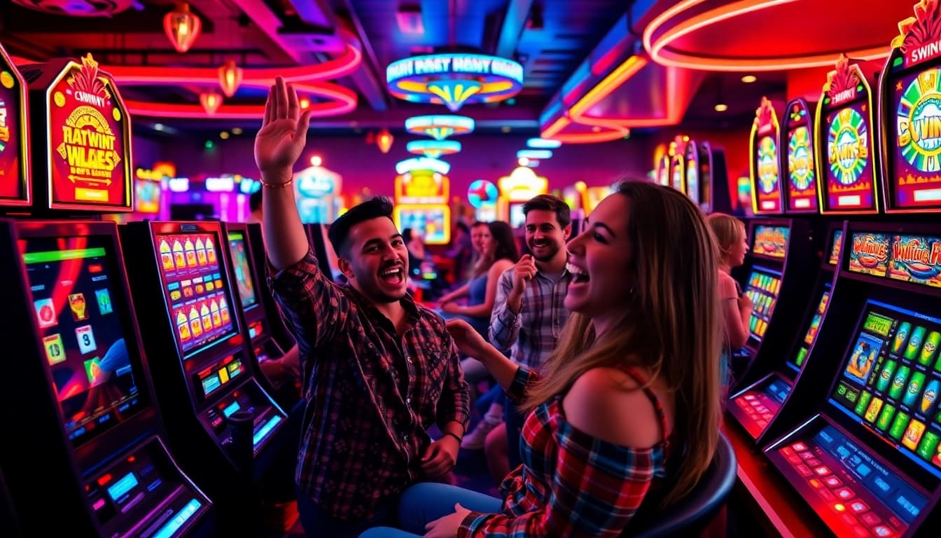 Rekomendasi situs slot gacor dengan mesin slot berwarna-warni dan pemain yang merayakan kemenangan besar.