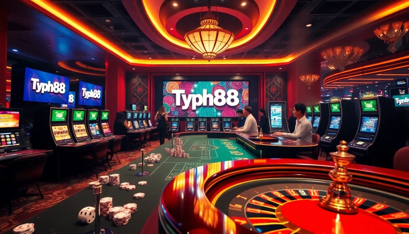 Players engaging in thrilling games at Typhu88 casino, featuring vibrant tables and exciting slot machines.
