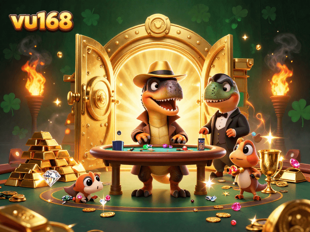 vu168 showcases a velociraptor card counter and a stegosaurus pit boss at an exciting blackjack table, rich with casino treasures.