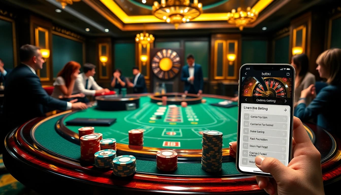Casino scene with players engaging in blackjack while using the bdtk1 app for live betting.