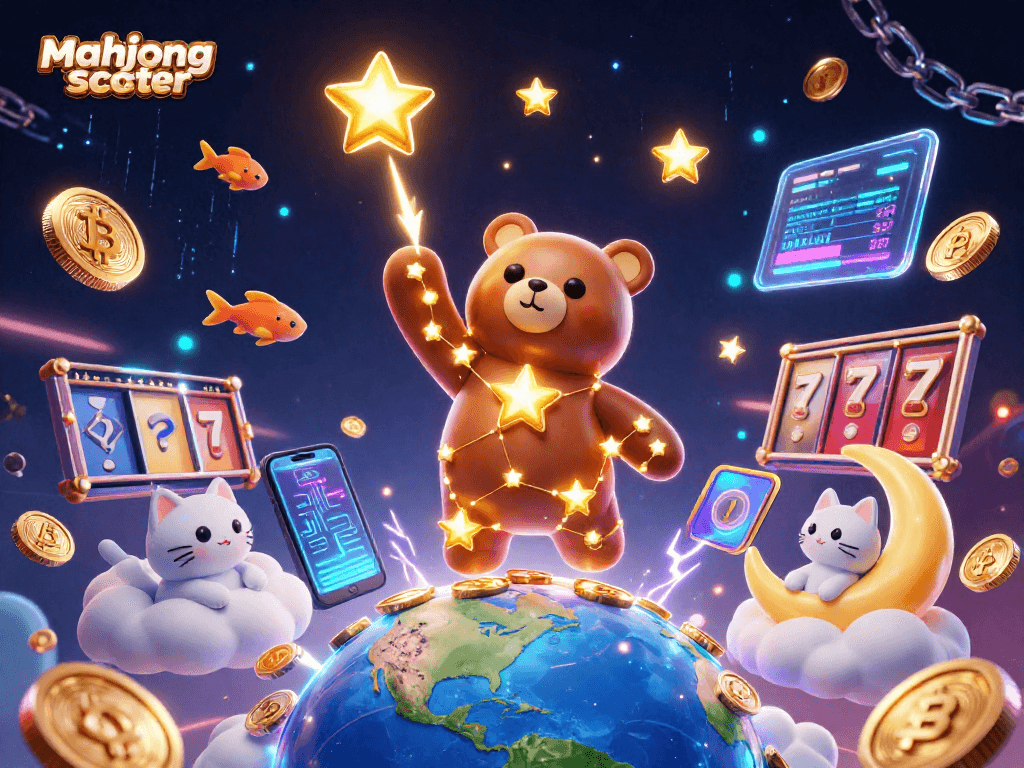 Engage with mahjong scatter while exploring vibrant casino elements and celestial companions in a rich 3D scene.