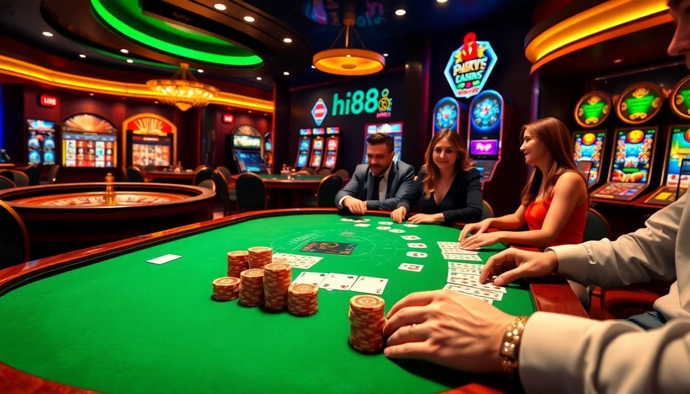 Experience high-stakes poker action at Hi88 casino, featuring vibrant tables and enthusiastic players.