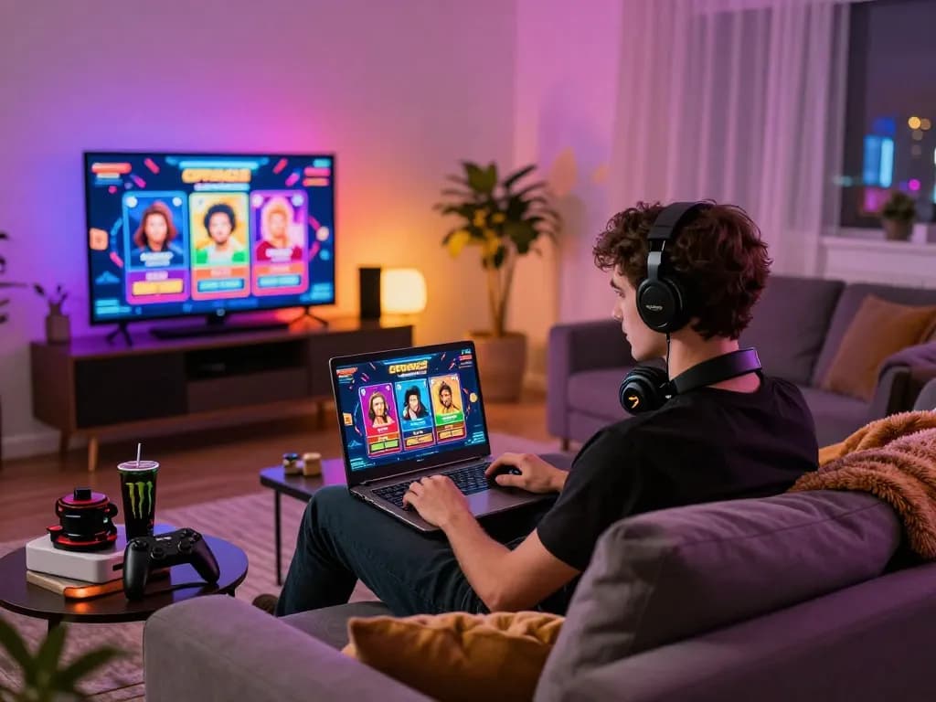 Player enjoying diverse games on OPEN88 COM in cozy living room setting.