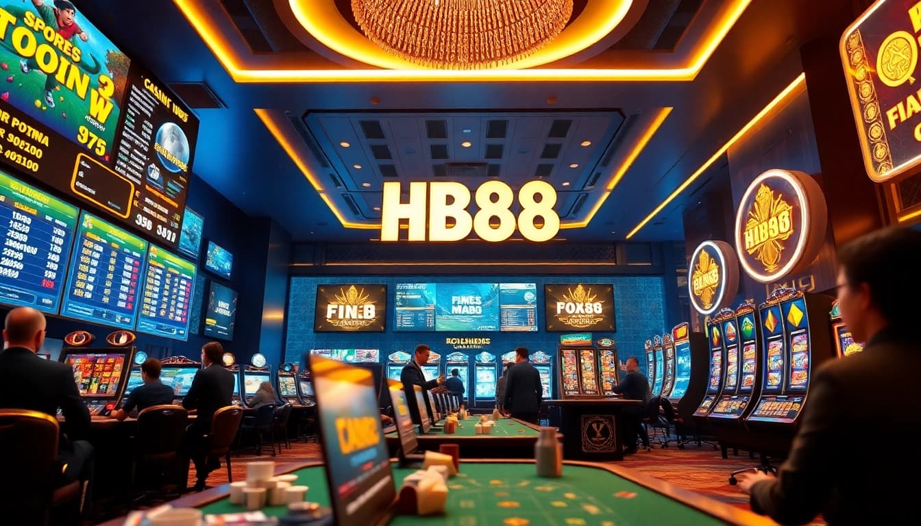 Explore the dynamic gaming atmosphere at https://hb88.art/, showcasing a modern casino with excited players and vibrant displays.
